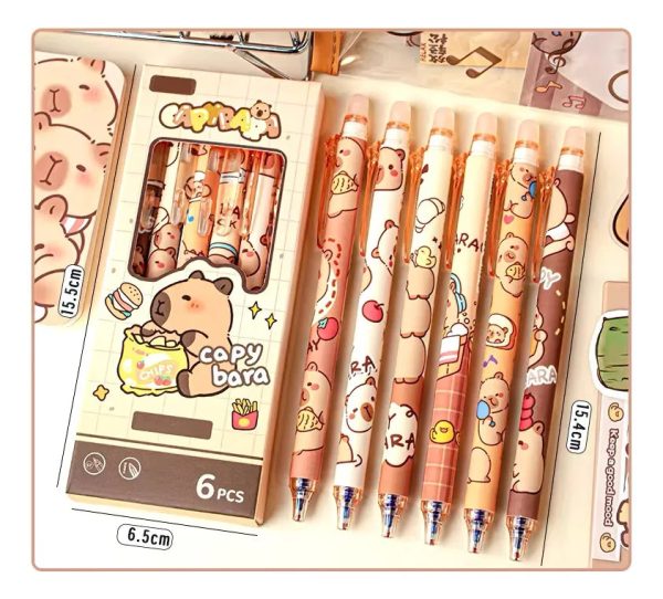 Kit 6 Canetas Apagáveis Capivara Filó Papelaria Fofa Kawaii - Imagem 2