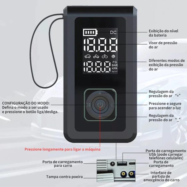 Auxiliar de Partida Automotivo com Compressor de Ar e Lanterna (PROMOÇÃO) - Imagem 4